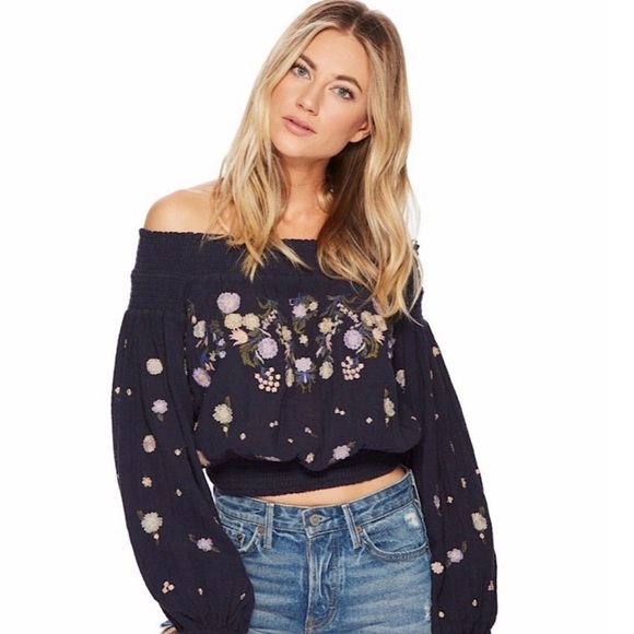 Free People Embroidered Off the Shoulder Top | Navy Size - Large - Picture 1 of 13